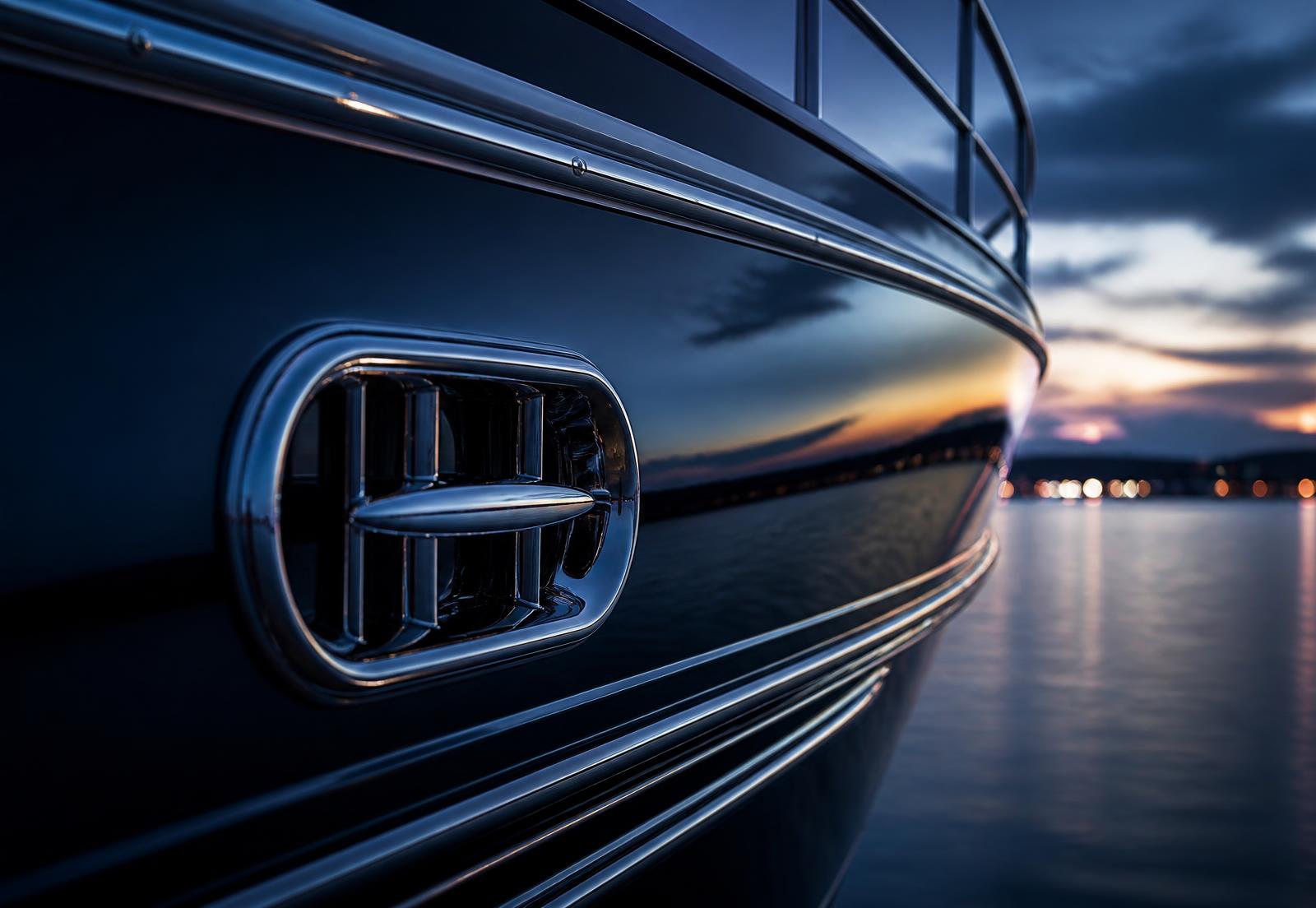 Detail of a premium yacht hull at dusk